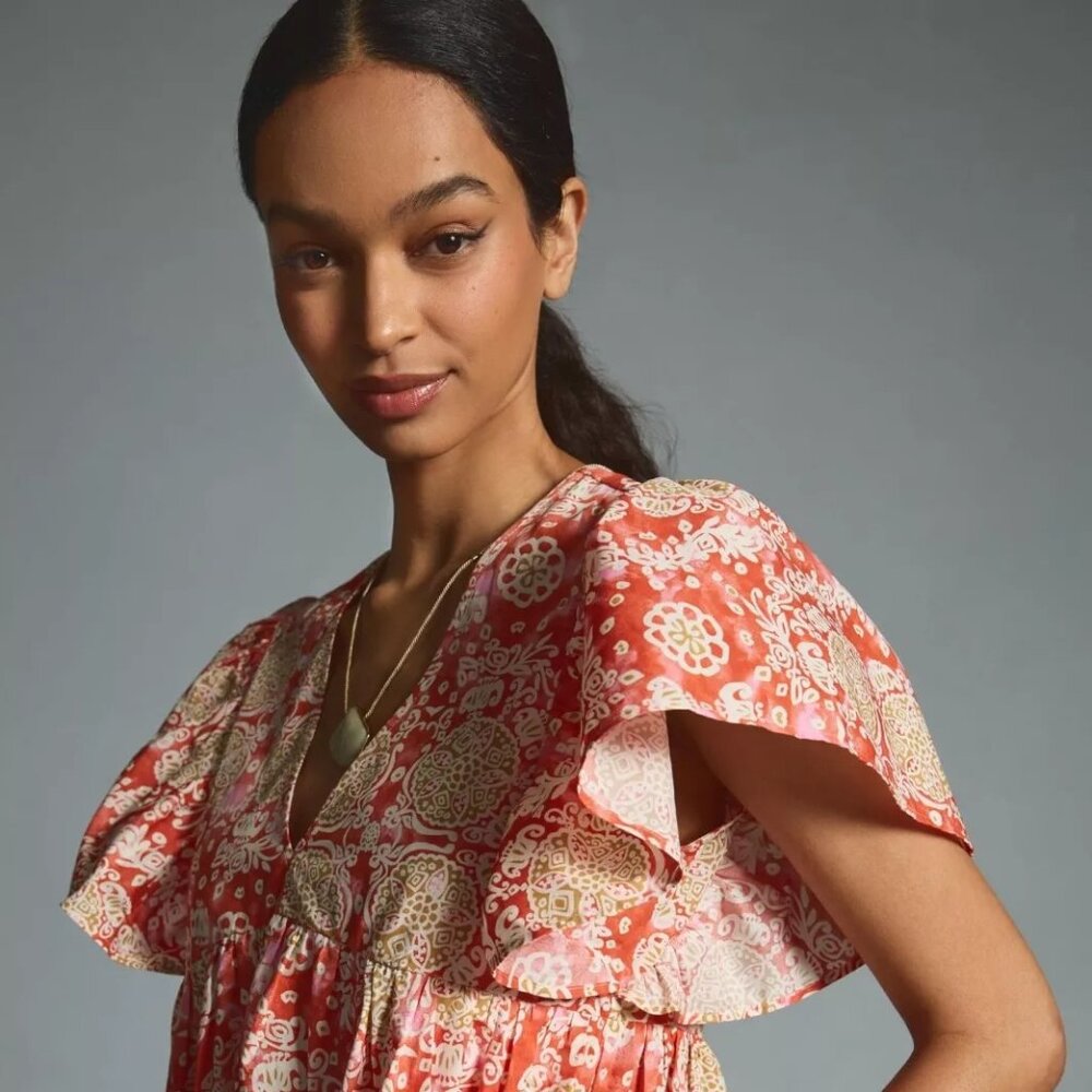 Maeve by Anthropologie 100% Cotton Printed Flutter Sleeve Babydoll Dress Size XS - Picture 5 of 13